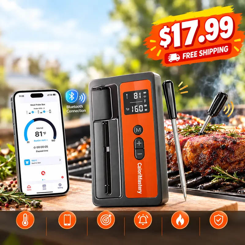 Wireless Smart Bluetooth Digital Meat Thermometer - 2pcs Ultra-Thin Wireless Probes, 500ft Range, Quick-Read, Precise, LED Display, Bluetooth Sync, Digital BBQ Grill Oven Smoker Thermometer for Kitchen, Ideal for Family Dinners