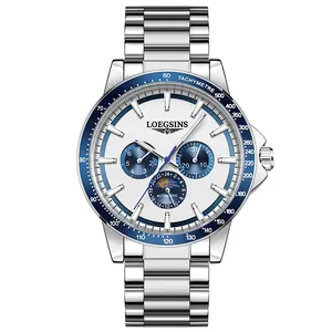 LOEGSINS luxurious men’s automatic mechanical wristwatch featuring a Swiss-made movement, calendar function, sapphire crystal glass dial, stainless steel strap, and water-resistant design with luminous display.