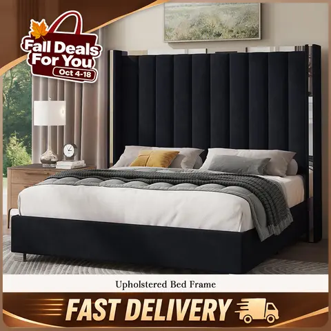 Amerlife Queen Upholstered Platform Bed Frame - 63" Regal 58" Tall Channel Tufted Wingback Headboard, Velvet Upholstery, Durable, No Box Spring Needed, Modern Bedroom Vertical Stripes Bed Frames for Queen, Bedroom Items