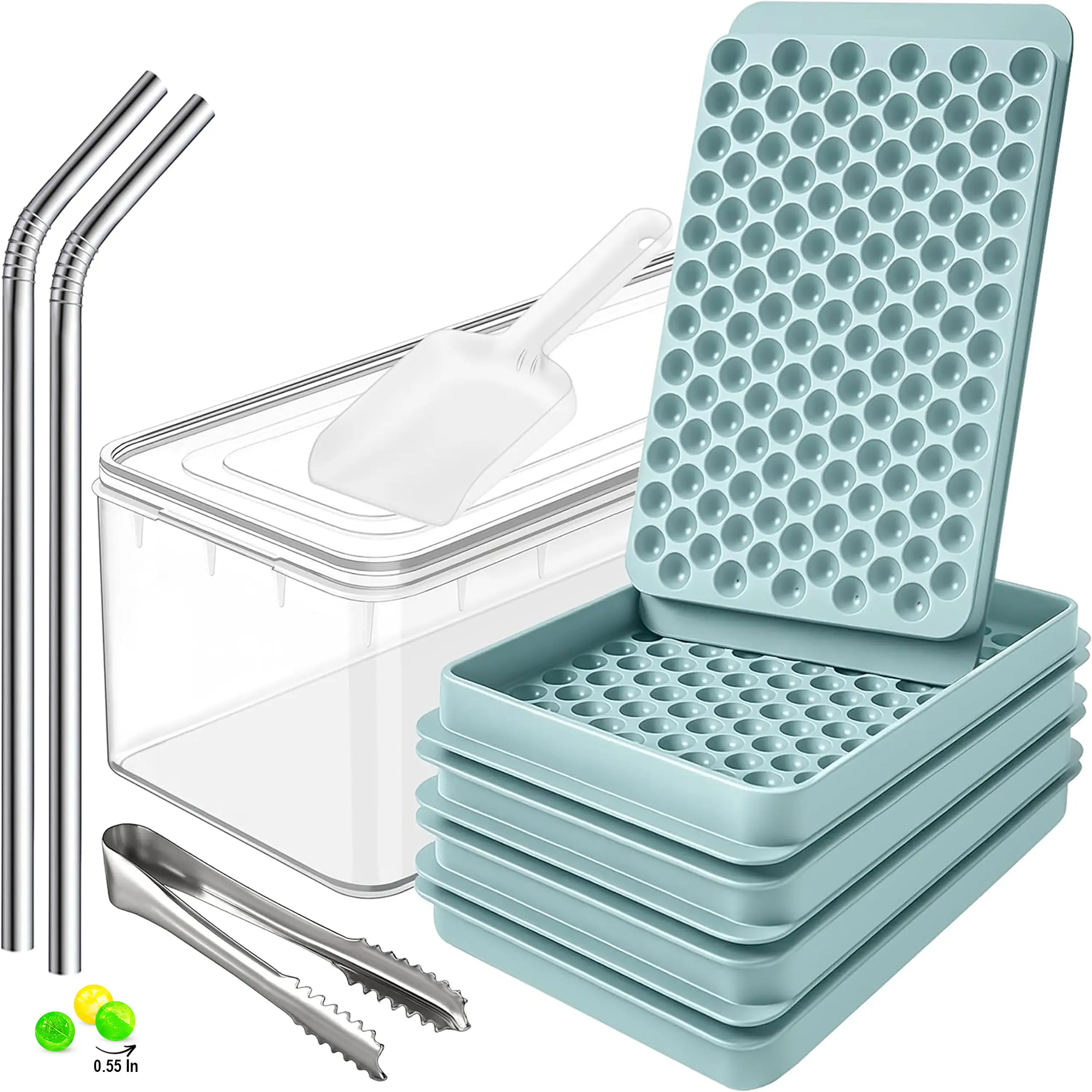 Mini Ice Cube Trays for Freezer with Lid, 0.55" Pebble Ice | 2 Trays-Blue, with Ice Box & Scoop, Tong & 2 SS Straws. for Iced Coffee, Bottles, Juice & Everyday Drinks, Easy Twist Release, Stackable