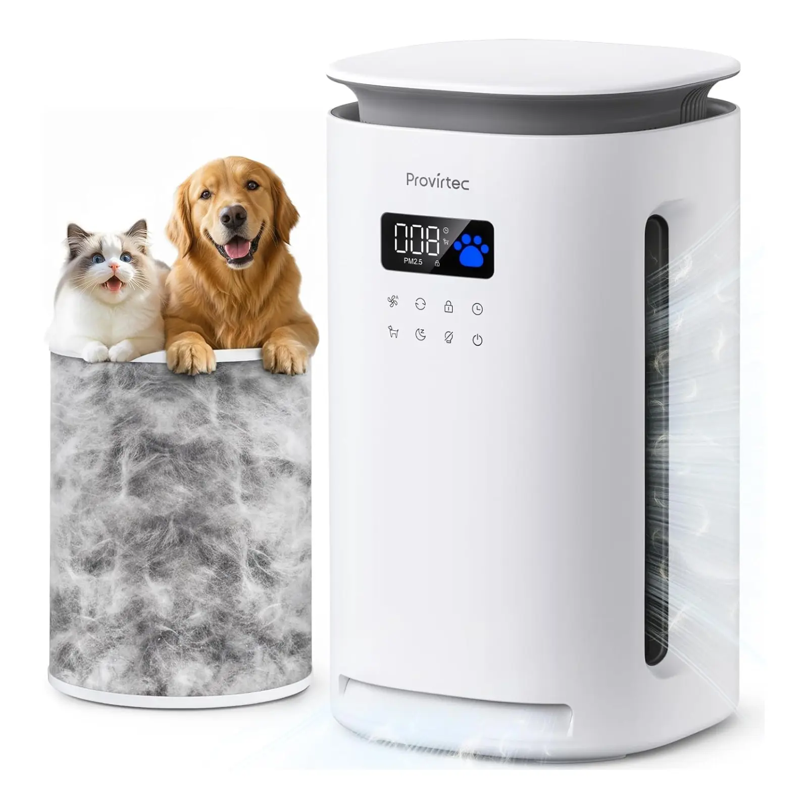 Provirtec Pawtent Pet Air Purifier (48W, 9.44, US Plug) - 360° Wide Intake for Living Room, Eliminates Pet Floating Fur, Dander & Odor, Delivers Fresh Air