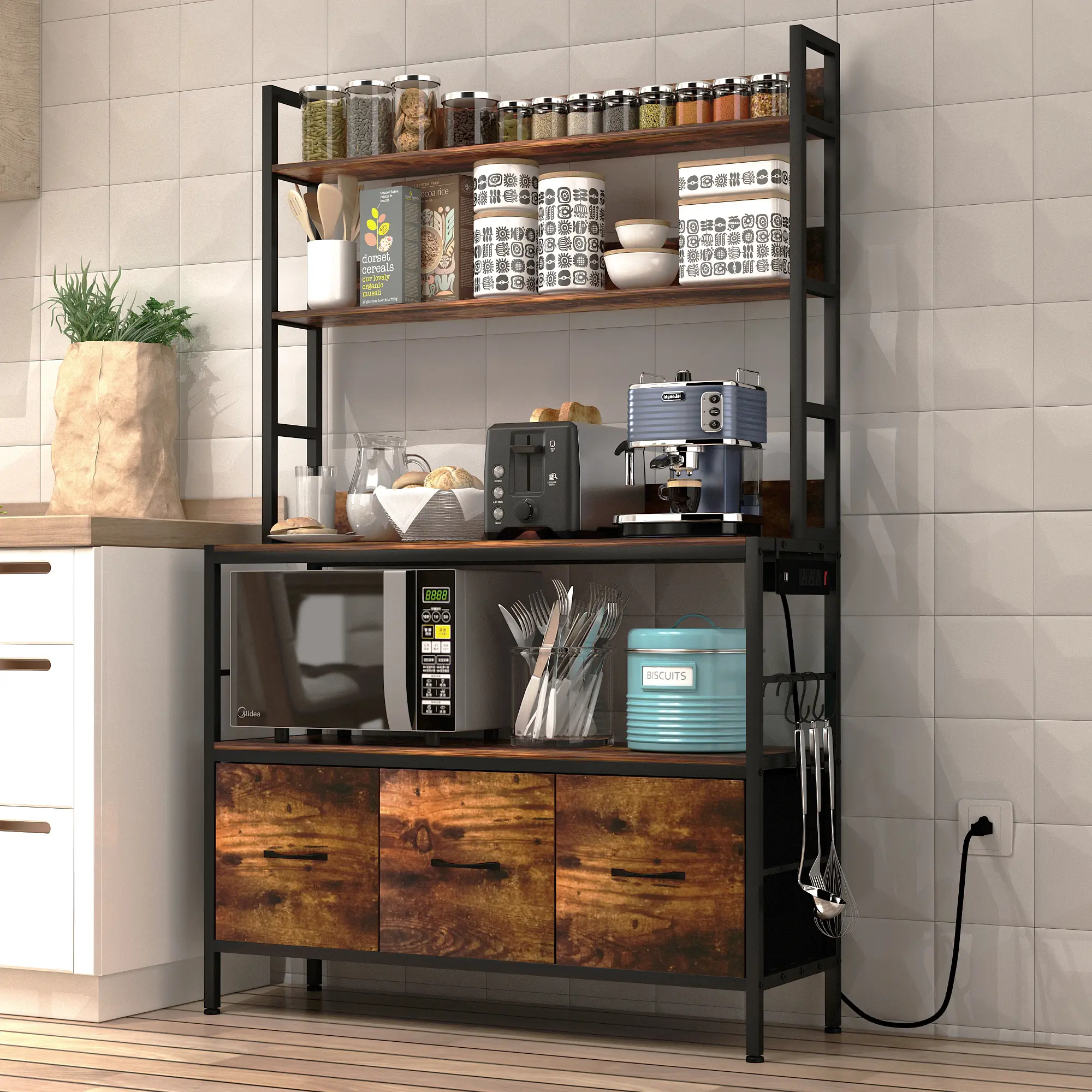 NAIYUFA Metal Kitchen Bakers Rack Organizer with Power Outlet, USB Charging Ports, Convenient Switch, Hooks, Adjustable ft, Wood Basket for Bottles & Jars