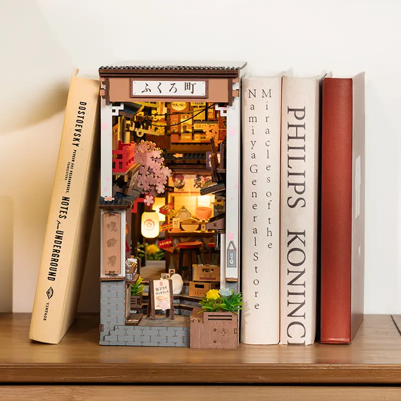 Rolife Sakura Wine Alley Japanese Book Nook Kits, DIY Miniature House Kit for Adults 3D Wooden Puzzle, Bookends Bookshelf Diorama Creative Decorative Crafts Kits Unique Gifts for Teens & Beginners