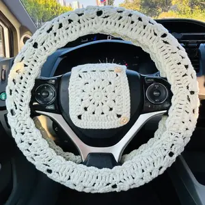 Trendy Flower Pattern Crochet Car Steering Wheel Cover Set, Cute Plain Color Steering Wheel Cover With 2 Safety Belt Cover, Fashionable Car Interior Decoration for Women, Car Steering Wheel Insert Accessories