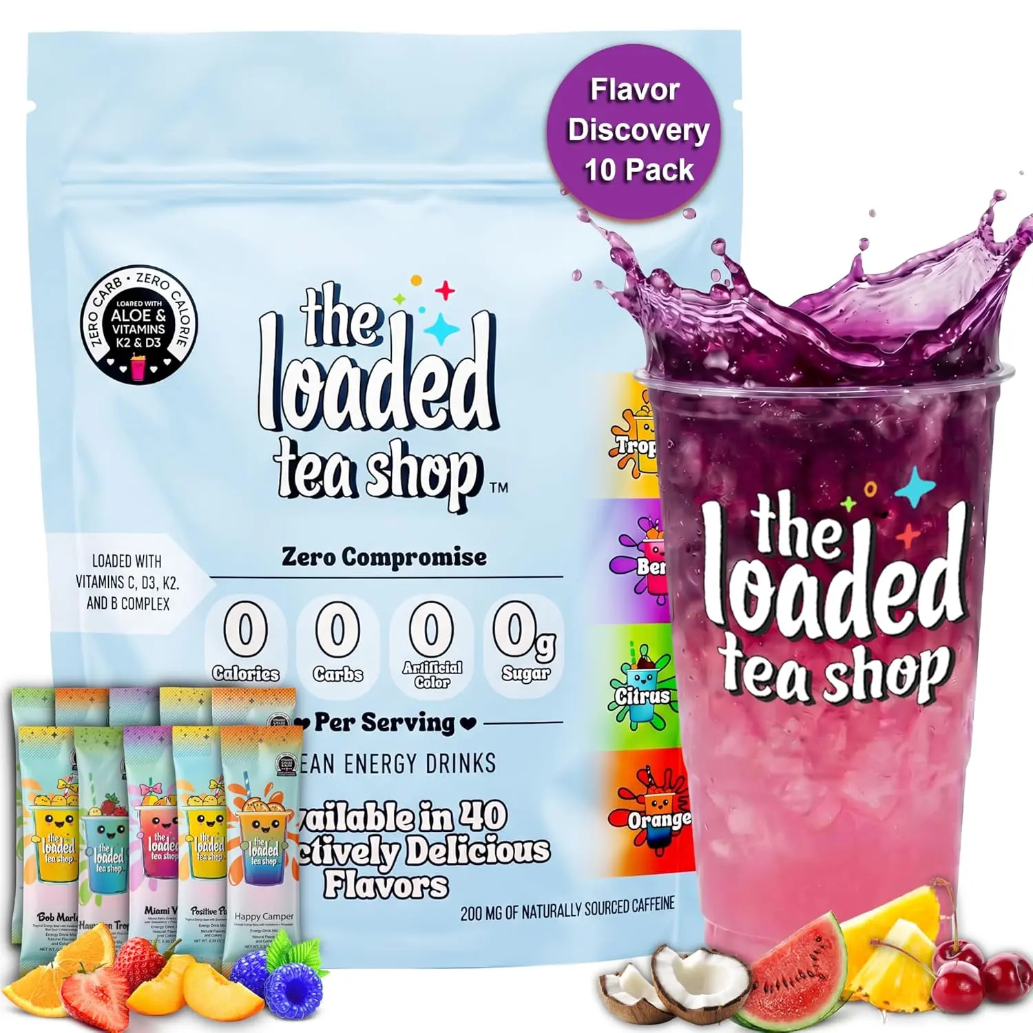 The Loaded Tea Shop Energy Drink Mix Sticks, Flavor Discovery 10 Pack, Sugar-Free, Zero Calories, 200mg Natural Caffeine, No Artificial Colors/Flavors, Powder Packets w/ B Vitamins - Energy Drink Alternative