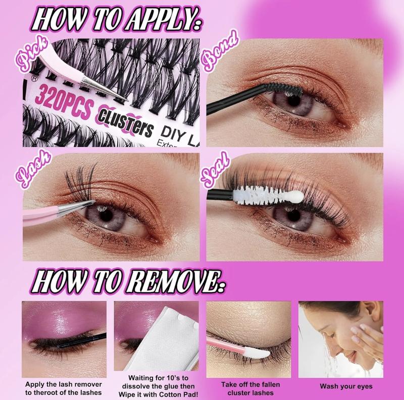DlY Eyelash Extension Kit Summer Style 320 Pcs 40D Curl Clusters Individual False Eyelashes, Mixed 9-1ómm, with LashBond & Seal, Eyelash Tweezers, Eyelash Remover, Eye Makeup Enhancement Products, DlY Lash Extensions at Home, Mother's Day Gift Cosmetic