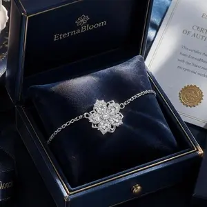 Silver Plated Rotatable Clover Cubic Zirconia Slider Bracelet, Kinetic Spinning Flower Charm, Hypoallergenic Anxiety Relief Jewelry for Women