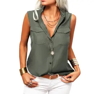 Goranbon Women's Solid Lapel Sleeveless Tank Tops Summer Button Down Shirts Office Ladies Shirts