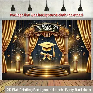Golden Graduation Stage Polyester Photography Backdrop 2D Flat 1pc Party Banner Flag for Birthdays Celebrations Home Garden Yard Anniversary Decorations Photo Booth Props Multi Use Wall Hang