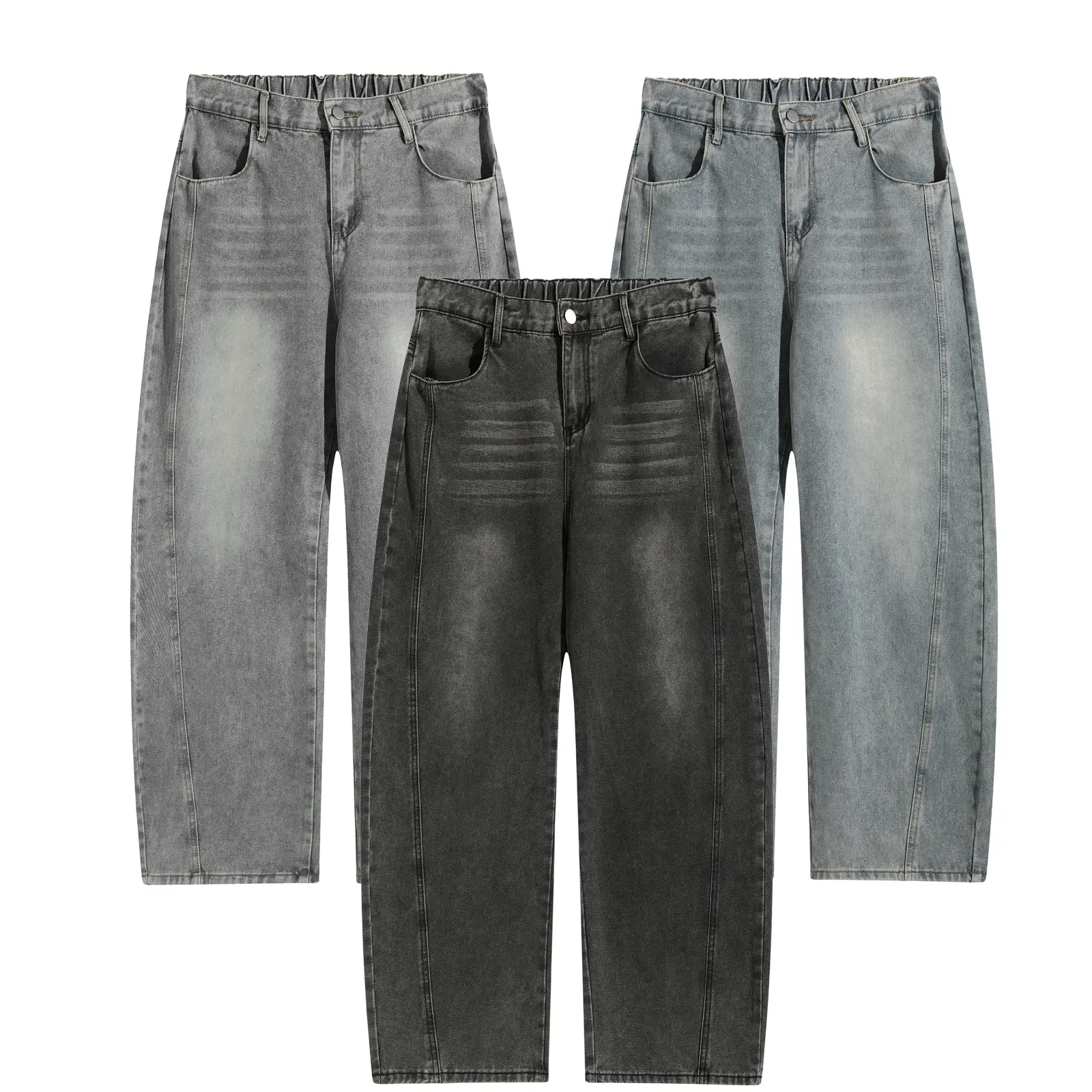 Men’s Dark Gray Washed Plain Menswear Baggy Jeans - Elastic Waistband, Wide Straight Legs, Vintage Hip-Hop Trendy Jeans, Plus-Size Casual Long Streetwear Pants