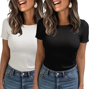 2 Pack Womens Crewneck Short Sleeve Ribbed T-Shirt Slim Fit Tops Solid Basic Tee