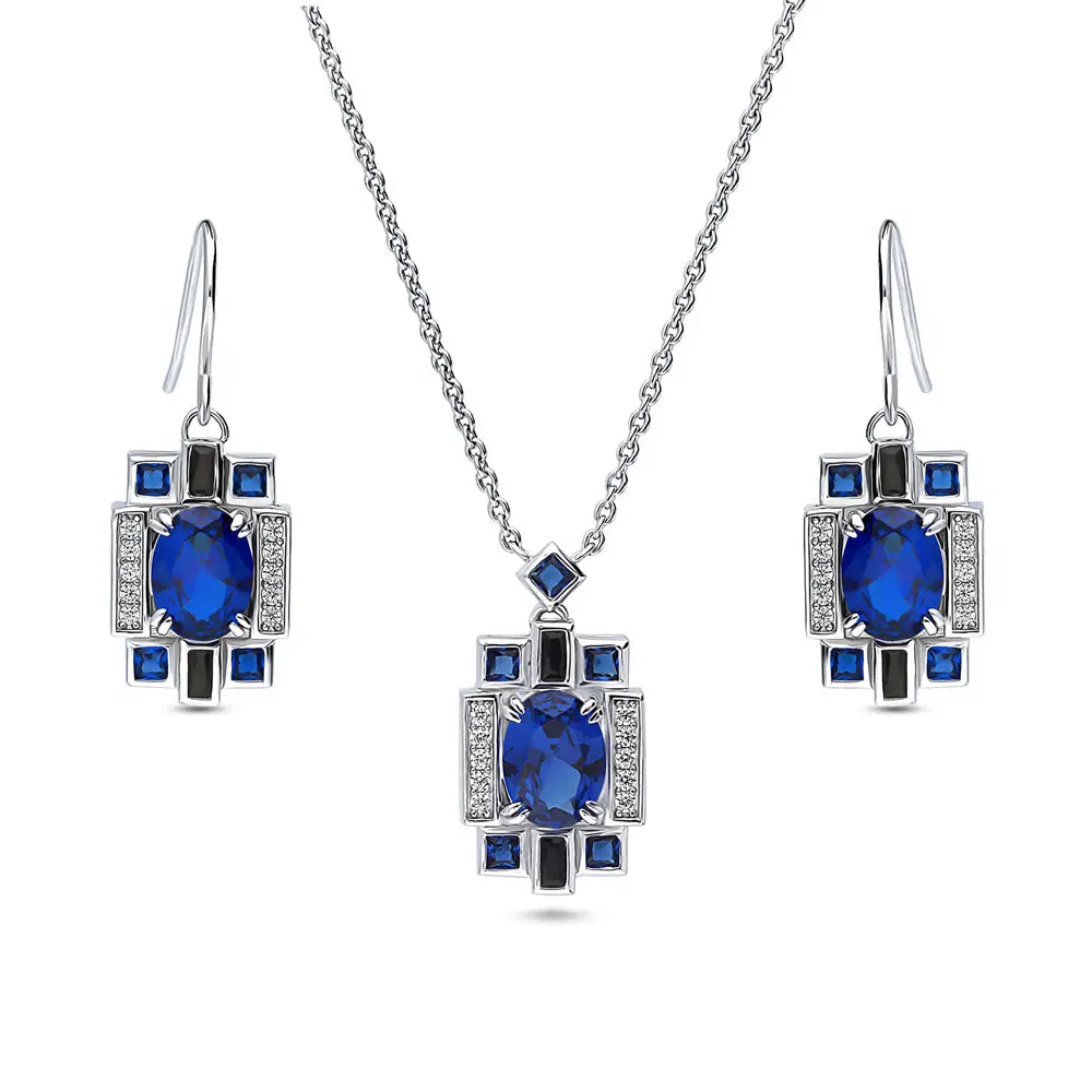 BERRICLE Sterling Silver Art Deco Necklace and Earrings Set for Women, Sapphire-Blue Cubic Zirconia CZ