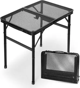 2Ft Small Folding Table with Carry Handle, Camping Table Adjustable Height 10.6–22 in, Black Metal Mesh, Portable & Compact for Outdoor/Indoor,Grill Table, 23.6×15.8 in, 4 lb, 66 lb Capacity