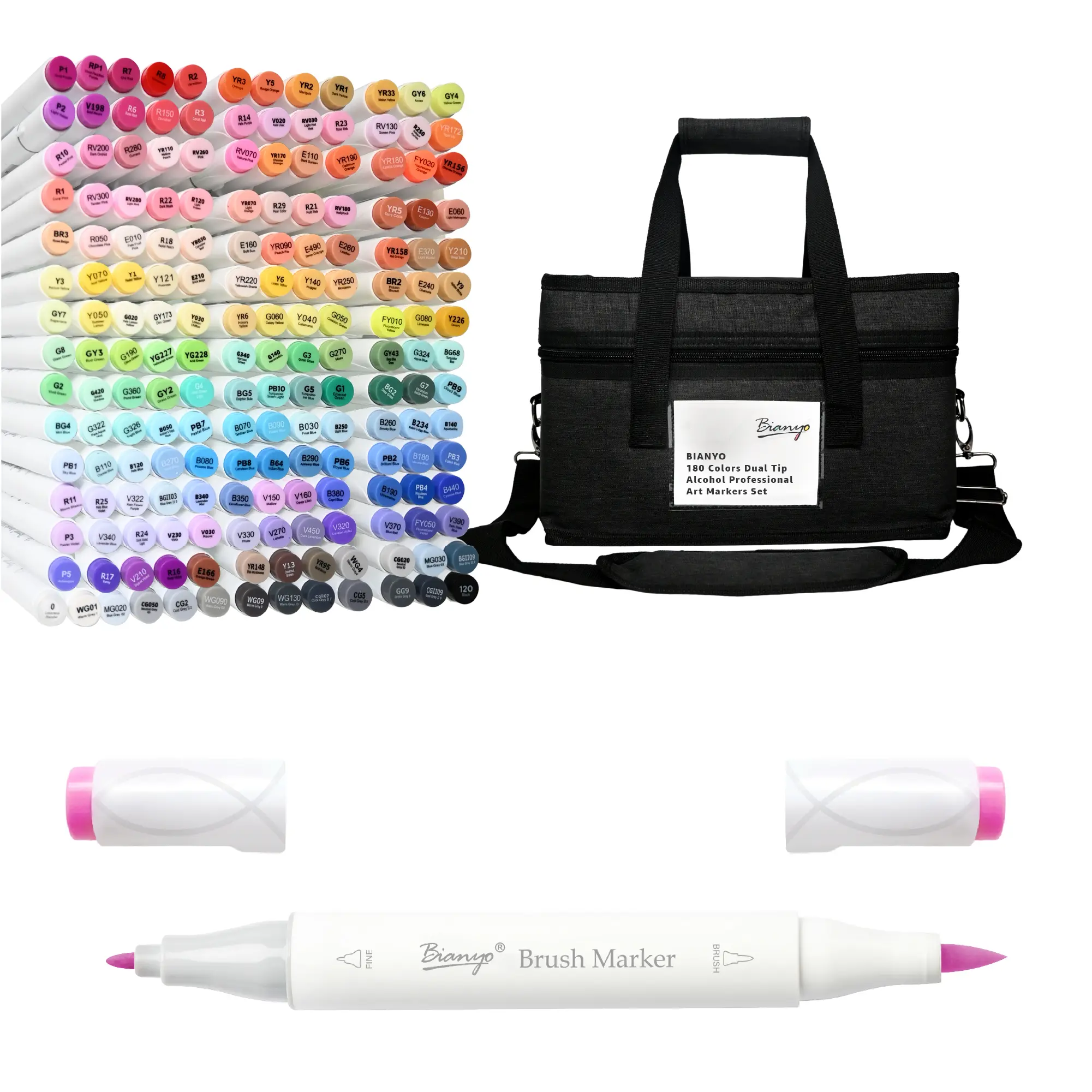 Bianyo 180-Color Dual-Tip Alcohol Art Marker Pen Set - Brush & Fine Tips, Colorful Marker Set, for Adult Coloring, Craft Supplies, Illustration, Label Pack, Blending (Office Stationery)