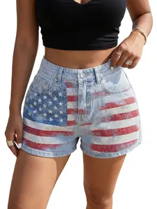 Jeanius Women’s High Waisted High Elastic Medium Wash Denim Shorts, Vintage American Flag Print Stretchy Jean Shorts for 4th of July Summer Casual summervibes