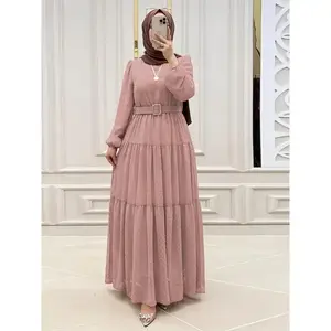 [Dot Kaftan Elegant Maxi Dress] Swiss Dot Plain Color Kaftan Dress, Elegant Long Sleeve Tie Waist Maxi Dress, Women's Clothing