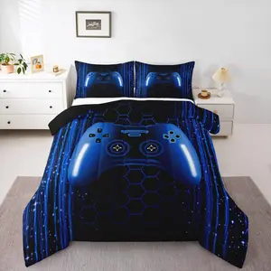 Feelyou Kids Gamer Bedding Set - Game Console Inspired, Neon Lights, Dark Blue Comforter Set for Boys' Bedrooms