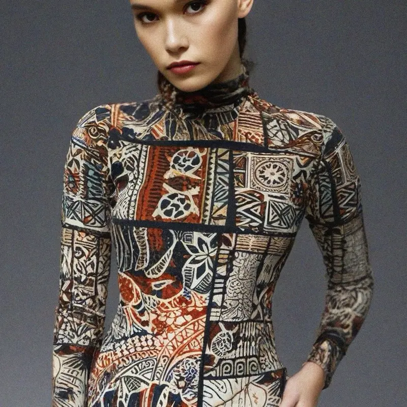 Avant Garde High Neck Multicolor Long Sleeve Velvet Bodysuit Stylish Bodysuit for Women with Unique Tribal Patterns Womenswear Turtleneck Tops