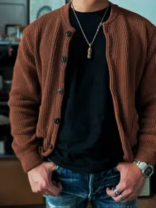 Men's Autumn Winter Knitted Sweater, Casual Long Sleeve Button Front Pullover, Simple Lazy Style, American Retro Pearl Pattern Design