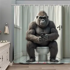 1pc Humorous Gorilla Sitting on Toilet with Smartphone Digital Print Polyester Shower Curtain, High-Quality No-Hole Punching Bathroom Decor Partition, Showercurtain