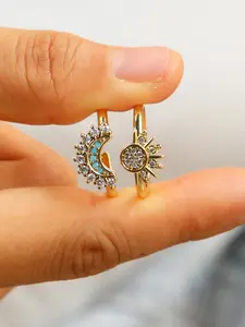 Celestial Sun and Moon Ring Set, Sparkling Sun Ring/Blue Moon Ring with 14k Gold Plating, Friendship Promise Ring, Stackable Celestial Rings, Gift for Women, Vintage Promise Rings