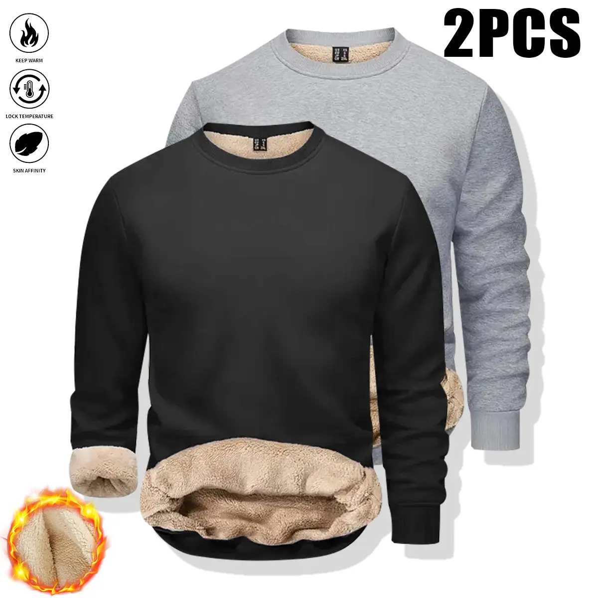 2-pack men’s fleece thermal base layer shirts, long-sleeve compression tops with thickened fleece for workouts, suitable for fitness, cycling, jogging, and everyday warmth layering