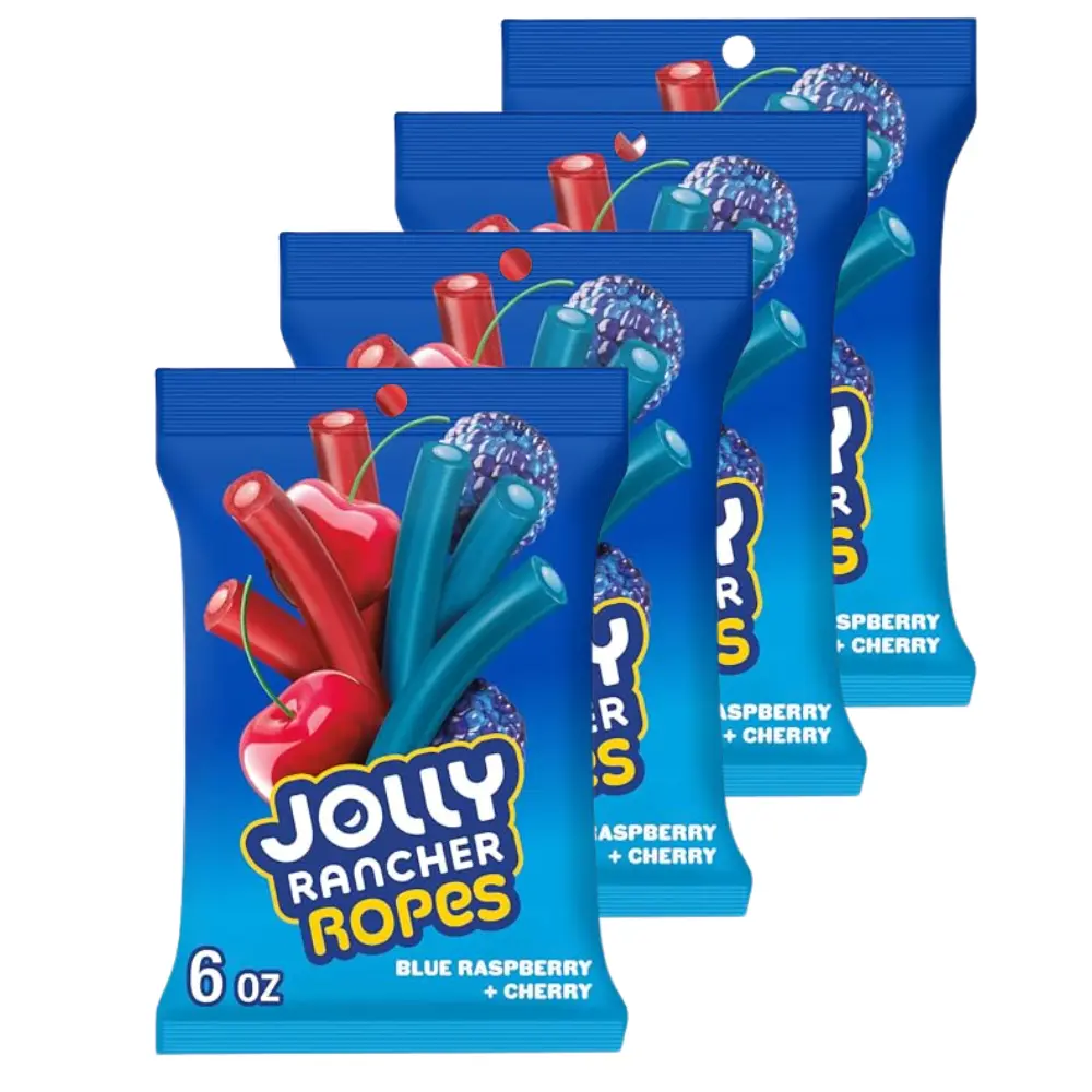 JOLLY RANCHER Ropes Blue Raspberry and Cherry Flavored Candy Bag,6 oz,(Pack of 4) Halloween