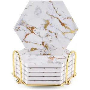 Marble Gold Coasters for Drinks Absorbent with Cork Base, 6pcs Drink Coasters for Wooden Table with Metal Holder, Gold Ceramic Cup Coaster Set Home Decor for Tabletop Protection