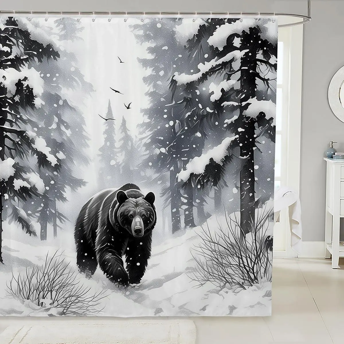Feelyou Fun Black Bear Christmas Winter Shower Curtain - Waterproof Washable Rustic Farm Animal Polyester Fabric Print, Bathroom Decoration Accessories with C-Hooks, RV & Bathtub Fit for Dorm Room, Showercurtain