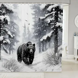 Black Bear in Winter Shower Curtain, Merry Christmas Waterproof Bathroom Curtains Rustic Farm Animal Print Bathroom Accessories