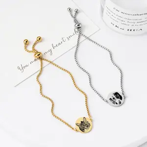 Custom Pet Portrait Engraved Slider Bracelet, Personalized Laser Engraved Name Bracelet for Pet Lovers