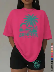 Two-Piece Set Women's Palm Tree Print Tee & Skinny Pants, Casual Fashion Cozy Round Neck Short Sleeve T-Shirt & Trousers for Daily Outdoor Wear, Ladies Summer Clothes, Suits