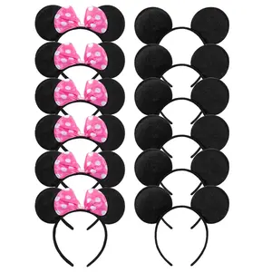 Mouse Ears Solid Black and Pink Bow Headband for Boys & Girls Birthday Party Pack of 12