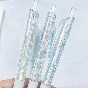 Floral Pattern Retractable Gel Ink Pen, 6/12pcs 0.5mm Quick Dry Refill Gel Pen, Smooth Writing Pen for Journal & Office Stationery