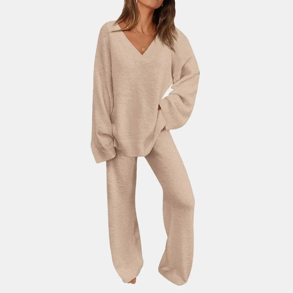 PRETTYGARDEN Women's 2-Piece Lounge Set Soft Chunky V Neck Tops & Wide Leg Long Pants Basic 100% Polyester Tracksuit Loungewear Minimalist Homewear Pajama PRETTYGARDEN Women's 2-Piece Lounge Set Soft Chunky V Neck Tops & Wide Leg Long Pants Basic 100% Polyester Tracksuit Loungewear Minimalist Homewear Pajama