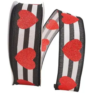 Valentine's Ribbon --- 20 yards --- 1 ½ inch -- Heart Glitter Stripes Wired Edge Ribbon -- (Black & White)