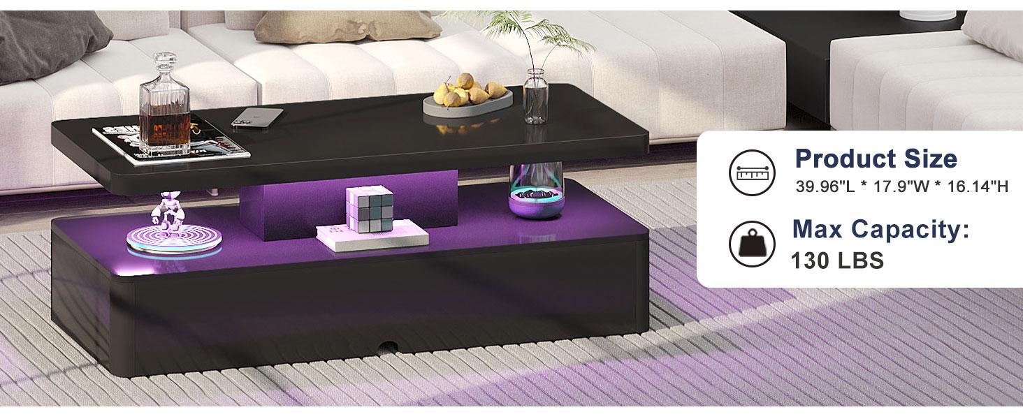 Modern Coffee Table, 40 Inches Coffee Tables with 16 Colors LED Lights, 2 Tier Rectangular Center Table, Large Storage Space, High Glossy Wooden Tea Table for Living Room, Bedroom, Office, Black