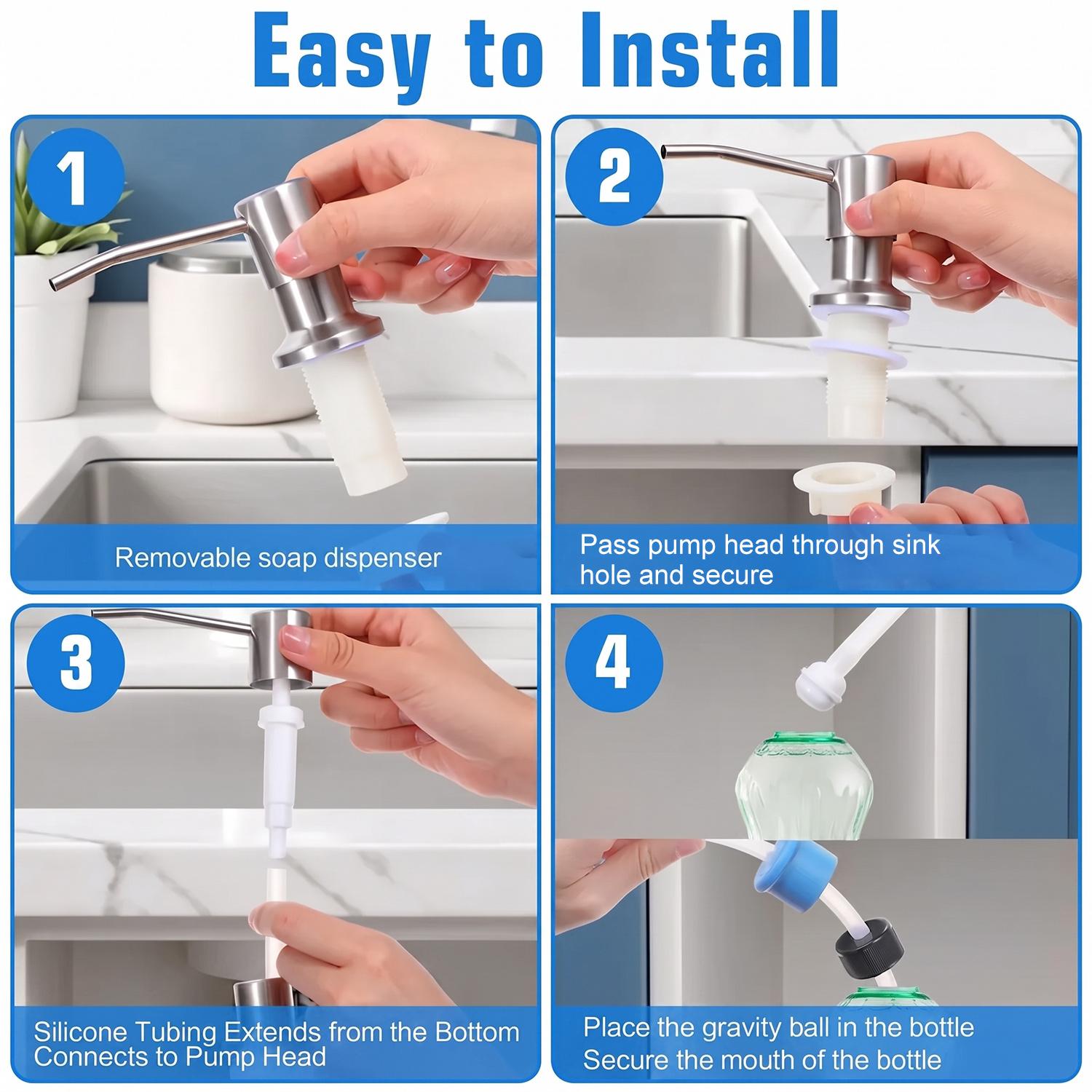 Dish Soap Dispenser for Kitchen Sink (Brushed Nickel), Countertop Sink Soap Dispenser Water Pump with 47” No-Spill Extension Tube Kit Design for Kitchen Bathroom, No More Refills, Kitchen Sink Accessories