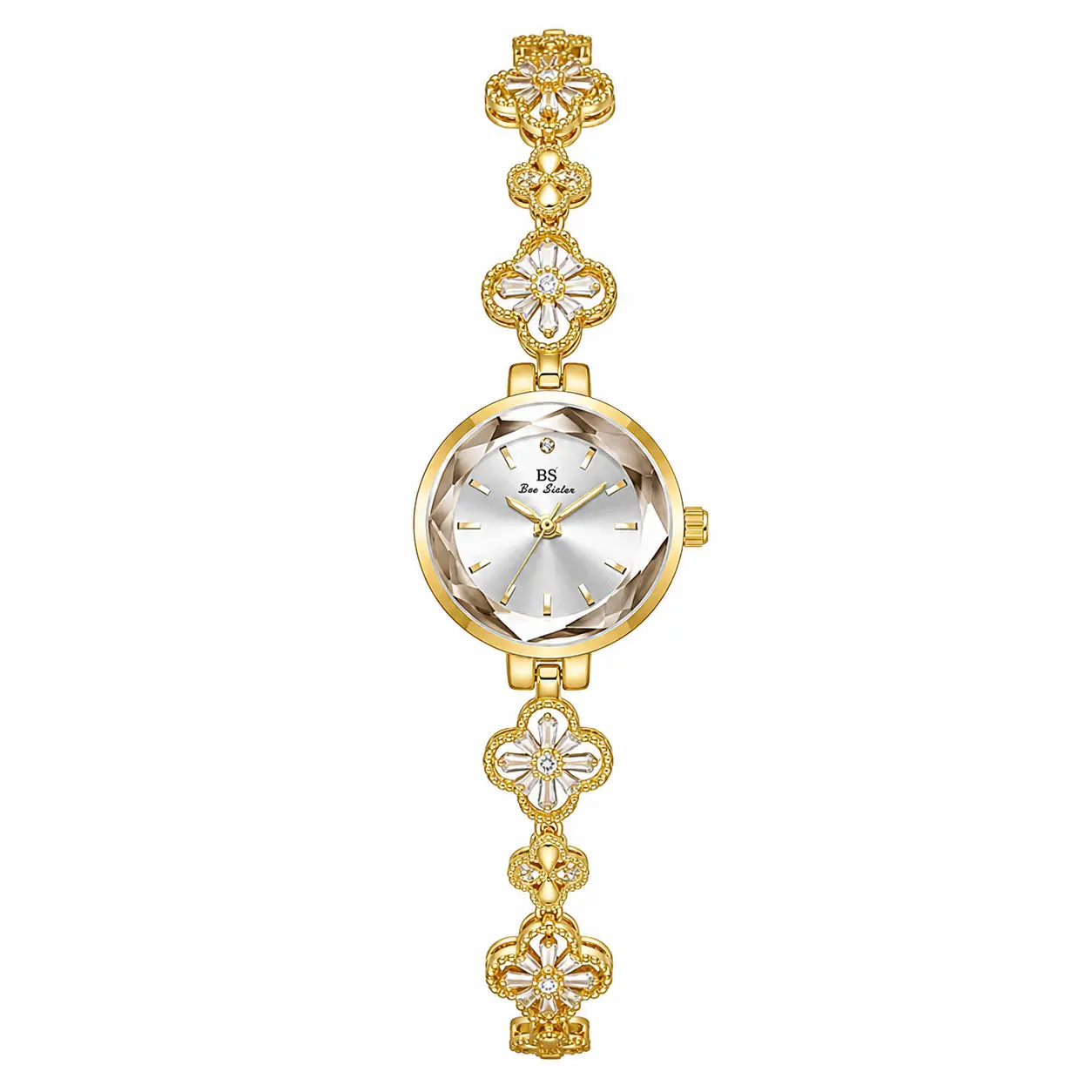 Women's Vintage Gold Clover Bracelet Quartz Watch with Small Round Dial