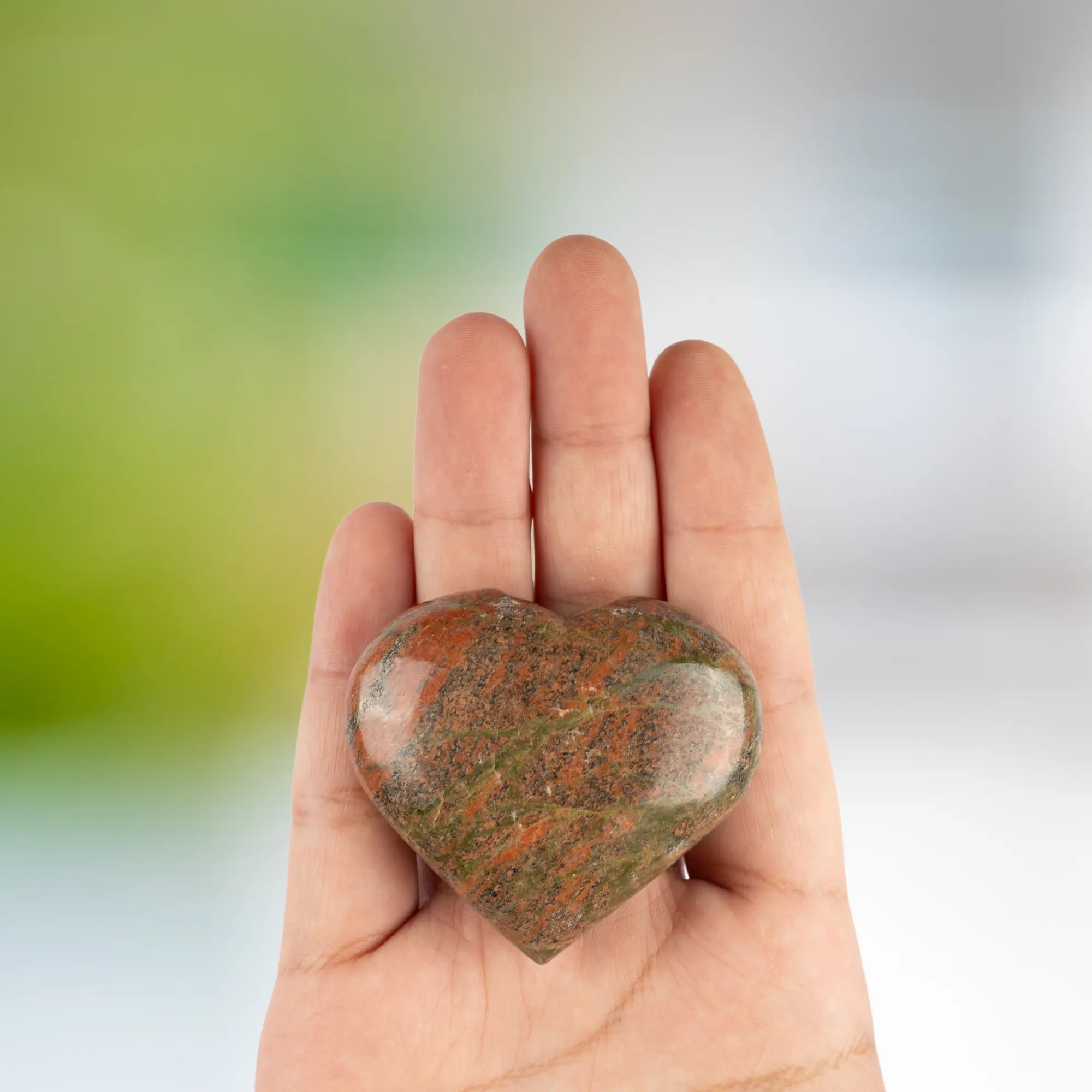Unakite Heart Palm Stone, Polished Crystal Stone for Chakra Balancing, Meditation, Spiritual and Crystal Gift