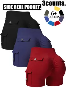 Three-Piece Women's Plain Button Pocket Shorts, High-Waisted Slim-Fit Gym Shorts, Ideal for Gym and Daily Wear, Summer Fashion