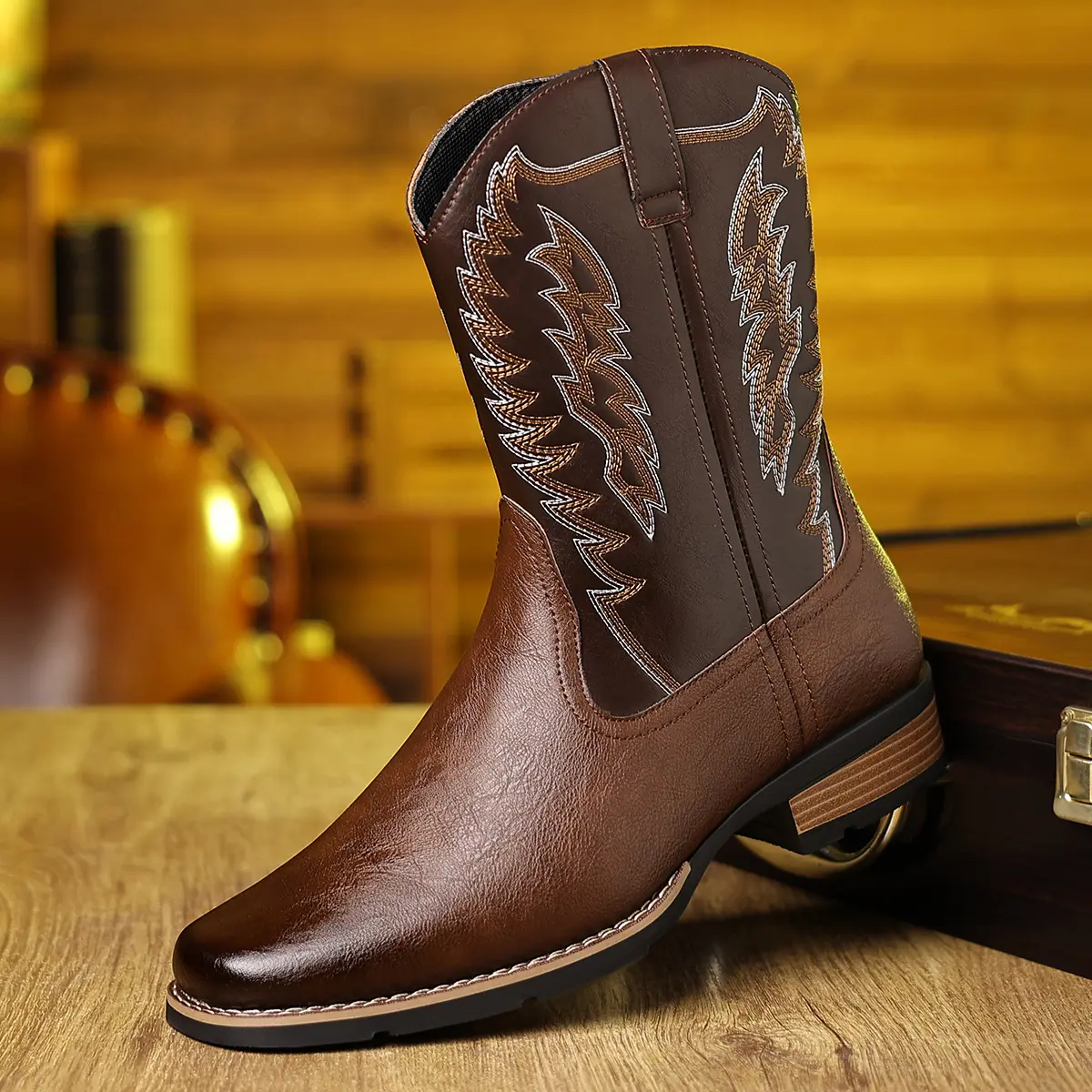 Men's 0805 Western Cowboy High-Top Embroidered Boots, All Season, PU Upper, Mid-Calf, Flared Heel, Outdoor Wear, Embroidery Detail, Flare Heel, Rubber Sole, Striped Pattern