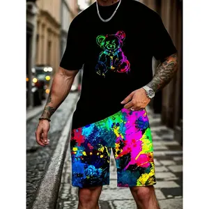 Men's comfortable neon graffiti bear cartoon print set, short sleeved shorts, elastic polyester blend, casual wearRAIMENTRY