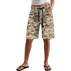 Camo Print Patch Pocket Eyelet Drawstring High Rise Bermuda Shorts Womenswear Stretchy 13.4" Inseam