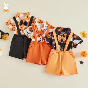 Baby Boy Halloween Shorts Set, Ghost Pumpkin Print Romper With Suspender Shorts Halloween Clothes