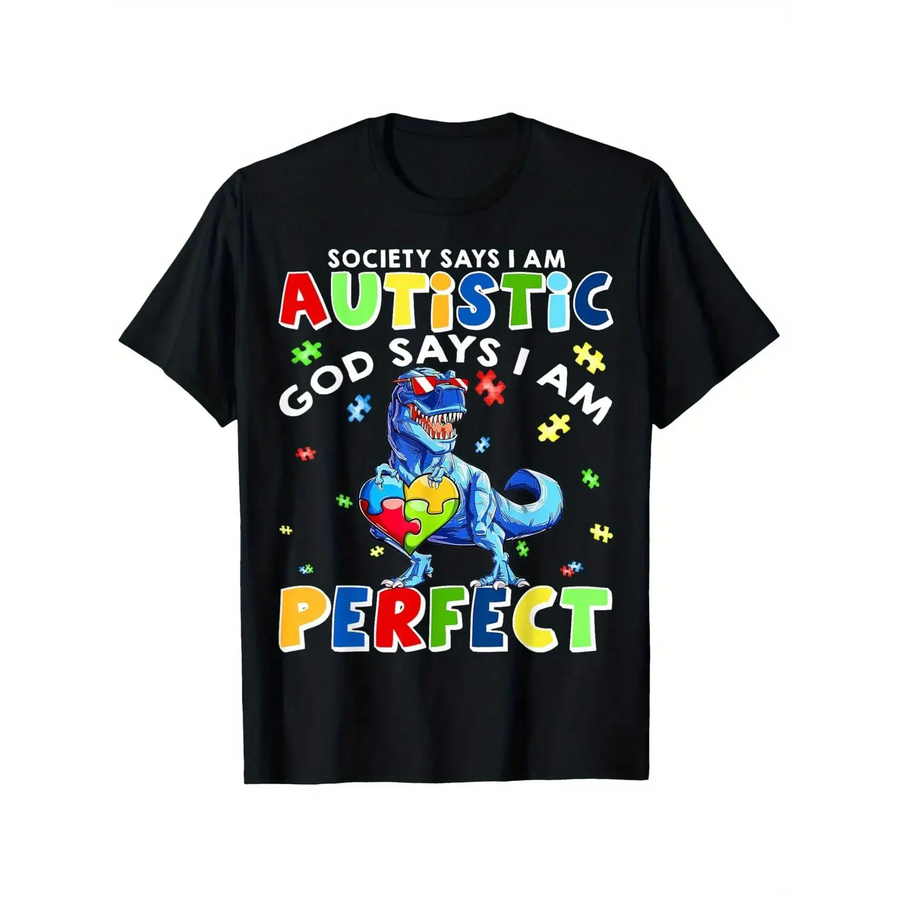 Autism Themed Girls' Short-Sleeve Graphic T-Shirt - "Society Says I'm Autistic God Says I'm Perfect", Soft Breathable Sporty Sports Top, Fruit Print Casual Fun Kids Clothing, Ideal Youth Gift, Casual Shirt, Fun Shirt