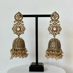 Polki Long Jhumka Earrings - Detailed Design with Cascading Elements