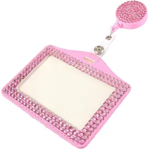 Fashion Premium  Pink   Lanyard,Retractable Bling ID Name Badge Holder,Portable Rhinestone Work Badge Reel Clip for Nurse,Teacher,Women,(Horizotal Card Holder)