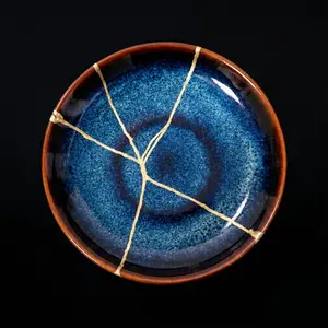 Handcrafted Deep Cosmic Blue Kintsugi Ceramic Dish ( 10 x 2 cm ) Gifts For Father and Mother, Gifts For Family