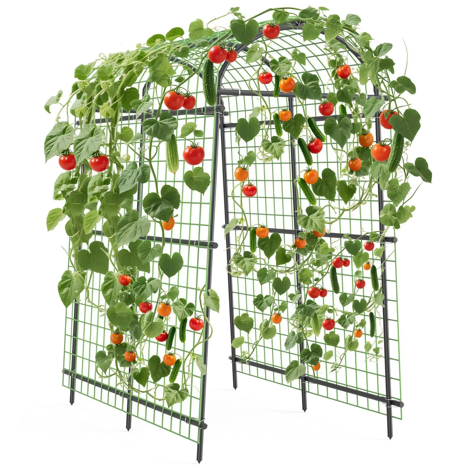 GARVEE 7.5FT Metal Garden Arch Trellis with Netting,7 Horizontal Pipe Adjustable 35"–45" Arbor for Climbing Plants, Roses, Grapes & Vegetables, Weatherproof Steel Pergola with Ground Clips, Easy Fold-Out Assembly